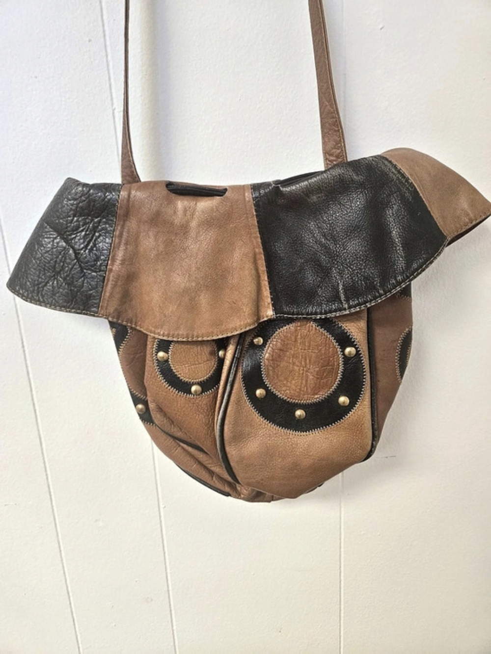 Genuine Leather Brown & Black Distressed Studded Shoulder Bag
